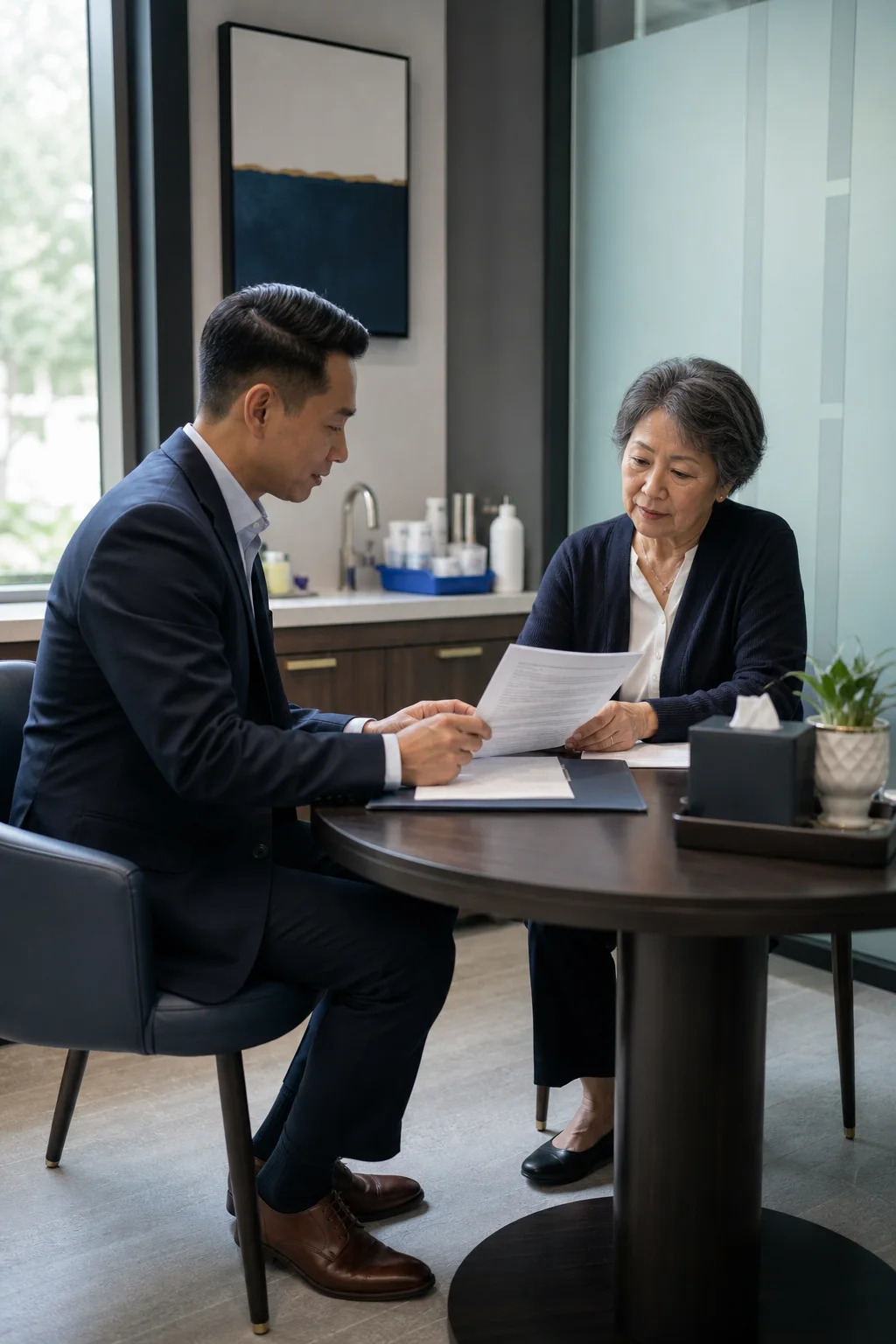 Research coordinator reviewing informed consent documents with a prospective donor