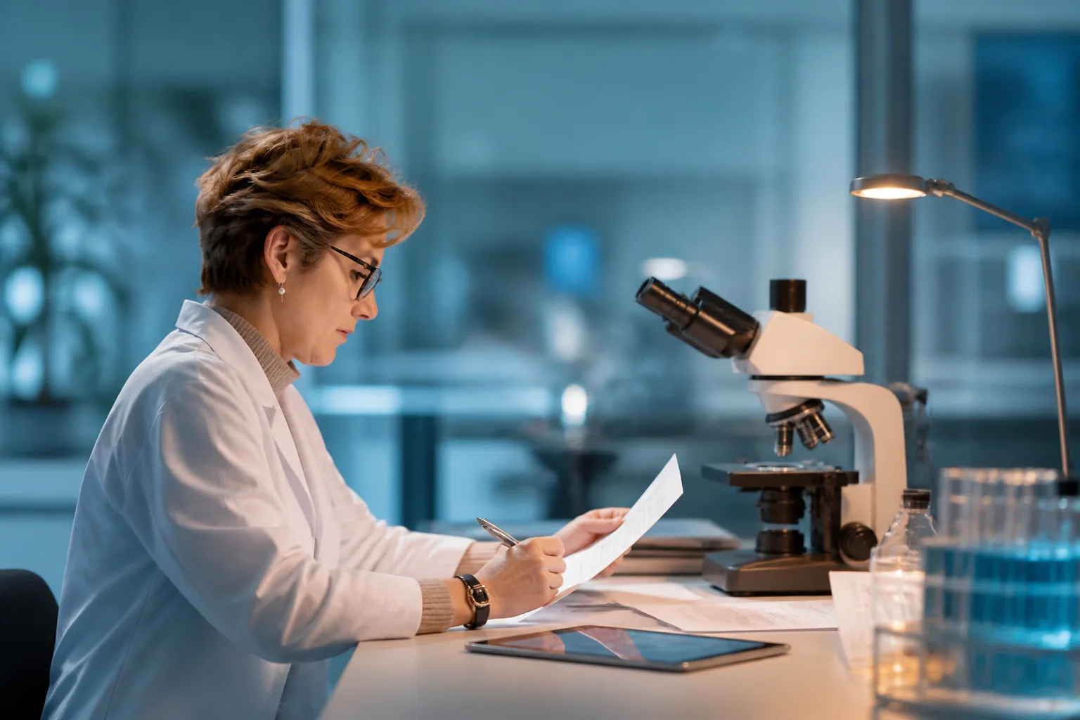 Research professional reviewing laboratory work