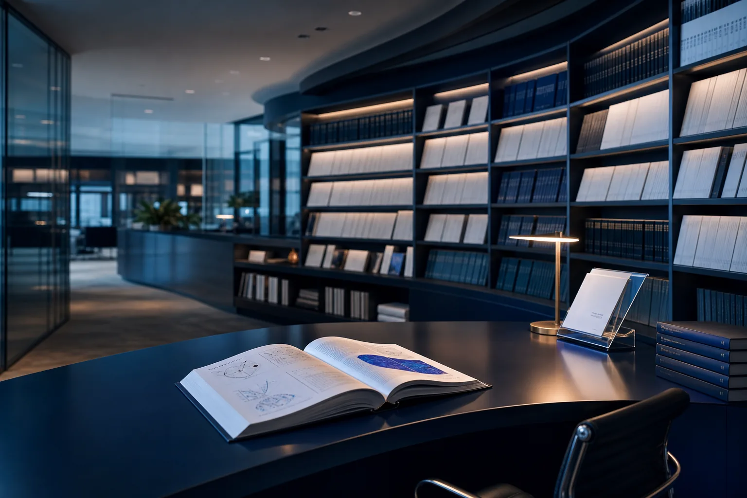 Researcher reviewing publications in a library